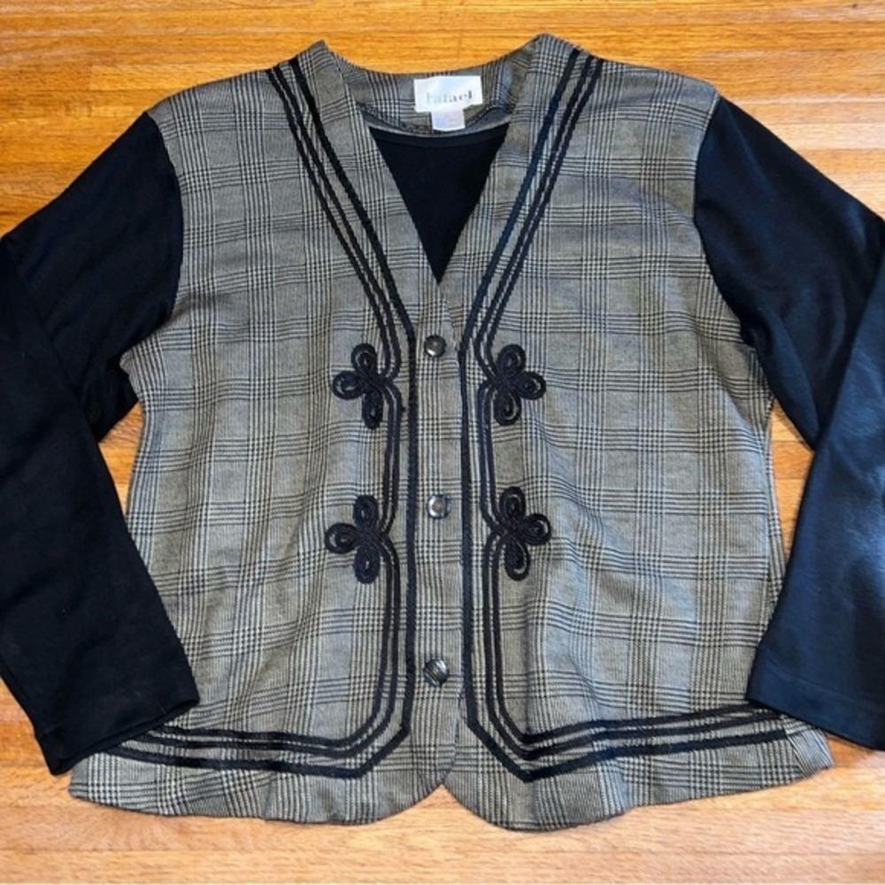 RAFAEL Women Medium Black Gray Plaid Embroidered‎ Accents Winter Blouse Blazer